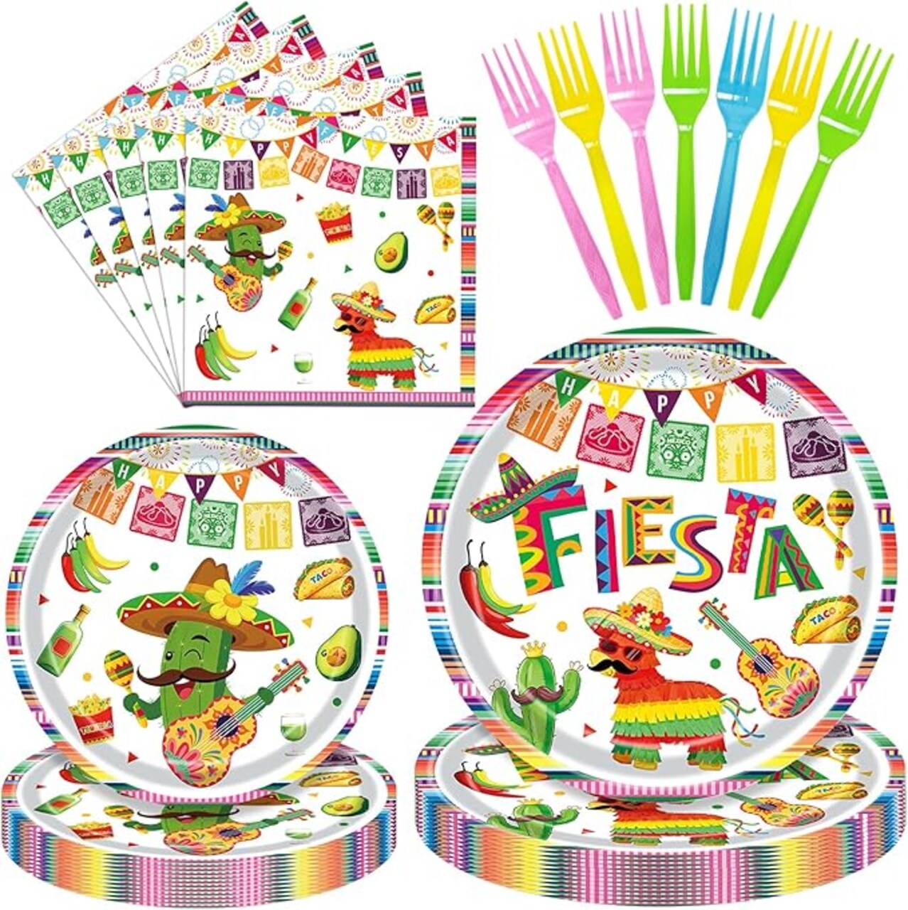 96 Pieces Fiesta Party Tableware Set – Mexican Theme Disposable Plates, Napkins, and Colorful Forks for Cinco de Mayo Party, Taco Night, Birthday, or Fiesta Celebration, Serves 24 Guests
